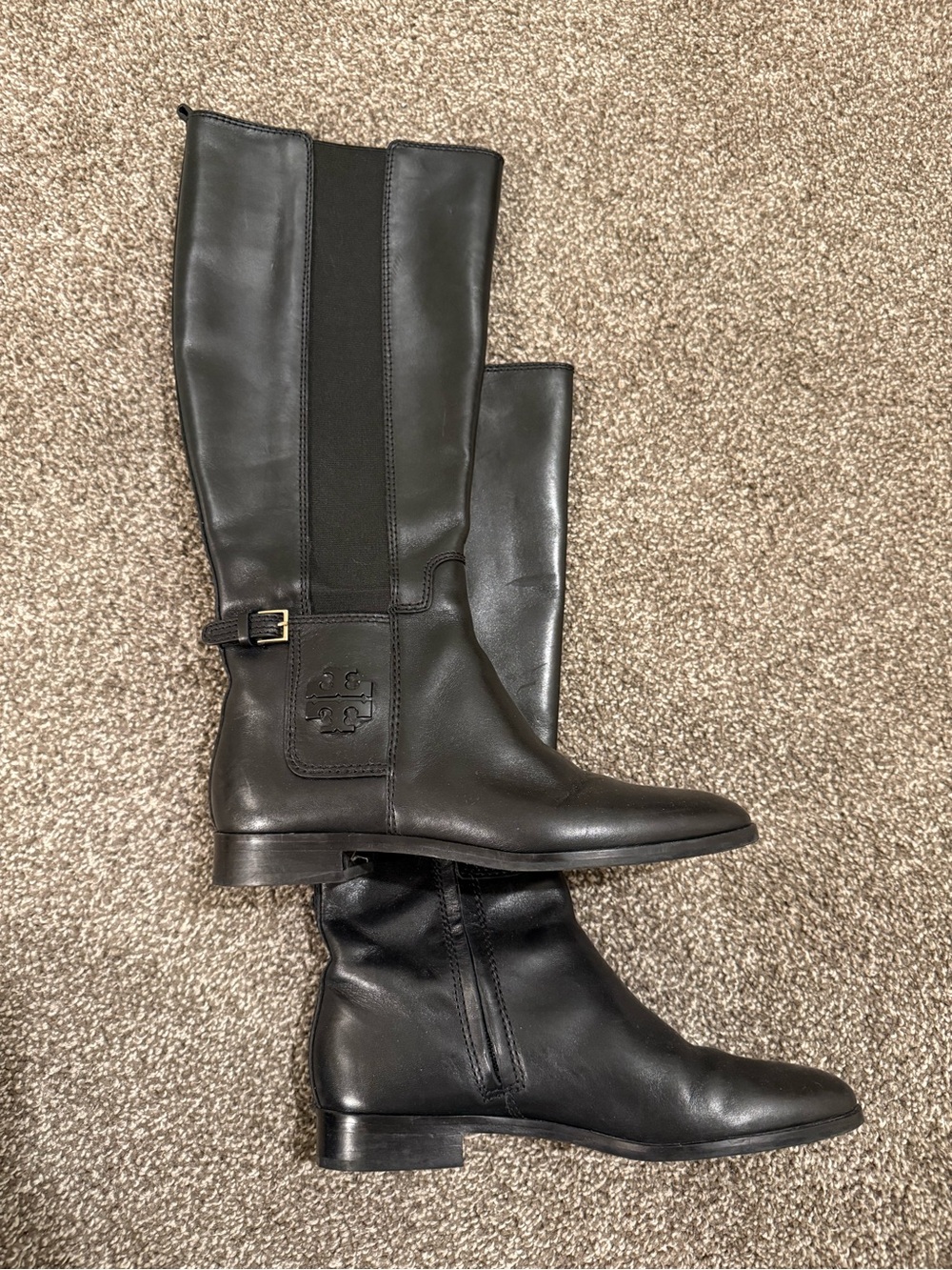 Tory Burch Black Leather Knee-High Riding Boots with Logo Patch